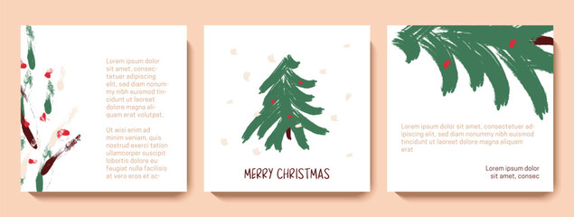 Merry Christmas and Happy New Year social media post templates. Winter holidays square greeting card design set. Xmas sale banner, festive background. Hand drawn cartoon vector illustration