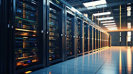 Shot of a Working Data Center With Rows of Rack Servers.