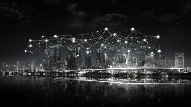 Fototapeta business connection in the city with digital graphic link network internet of things and information communication technology buildings black and white background