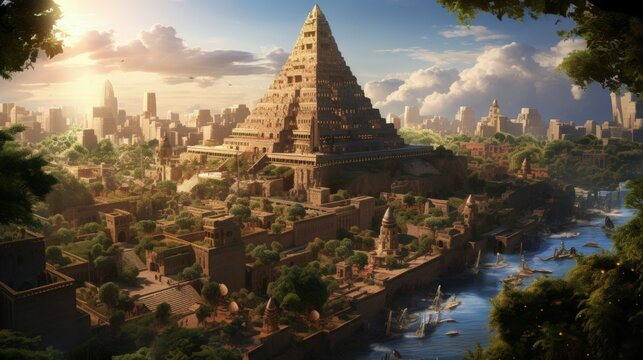 Ancient city of Babylon with the tower of Babel, bible and religion, new testament, speech in different languages,Illustration