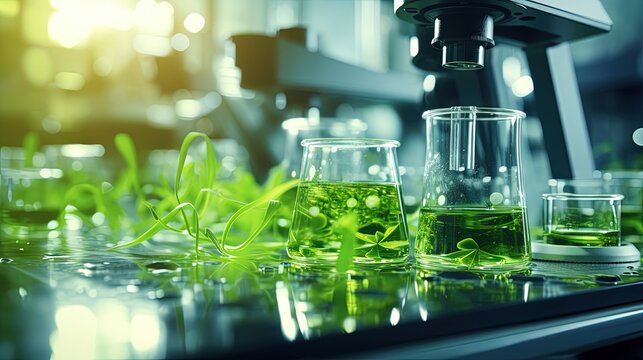 macro microscope closeup shot of green algae water plant with biotechnology science laboratory background, alternative fuel or nature bio-fuel experiment research in biology and environment technology