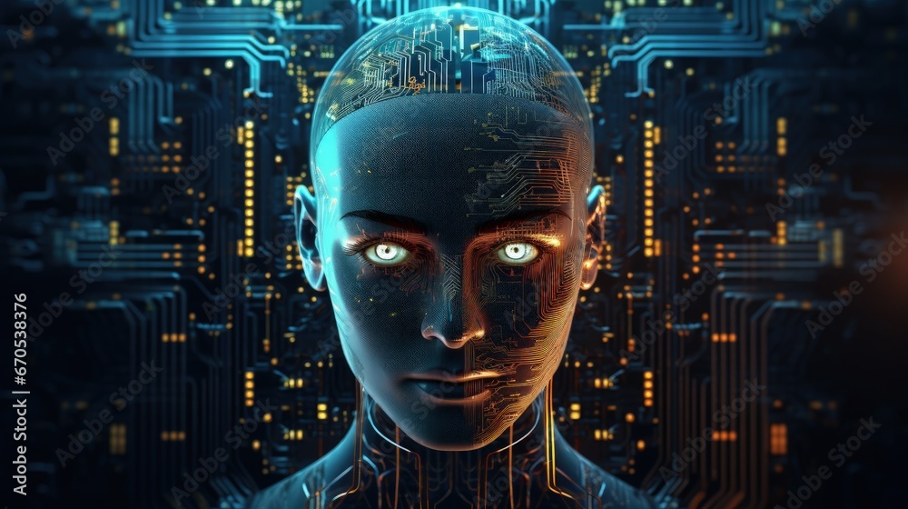 Poster artificial intelligence - human head with circuit board inside. technology and engineering concept