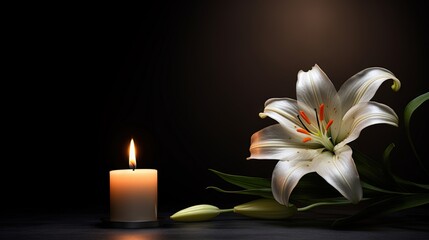Beautiful lily and burning candle on dark background with space for text. Funeral flower