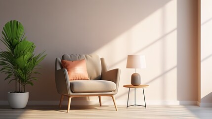 Interior with armchair, floor lamp, small table and plant on floor. Simple 3d render illustration.