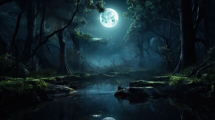 Bright full moon in dark fairy tale forest as wallpaper design background