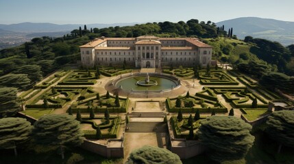 Aerial view of Villa Farnese and its gardens located in Caprarola, near Viterbo, Italy. It is a pentagonal palace in the Renaissance and Mannerist style. The building is empty.