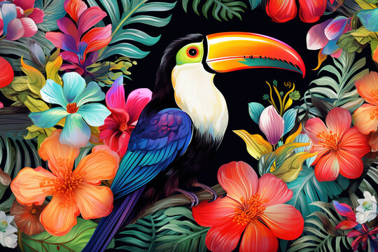 Image of pattern design using toucan and flowers and leaves. Wildlife Animals. Bird. Illustration, Generative AI.