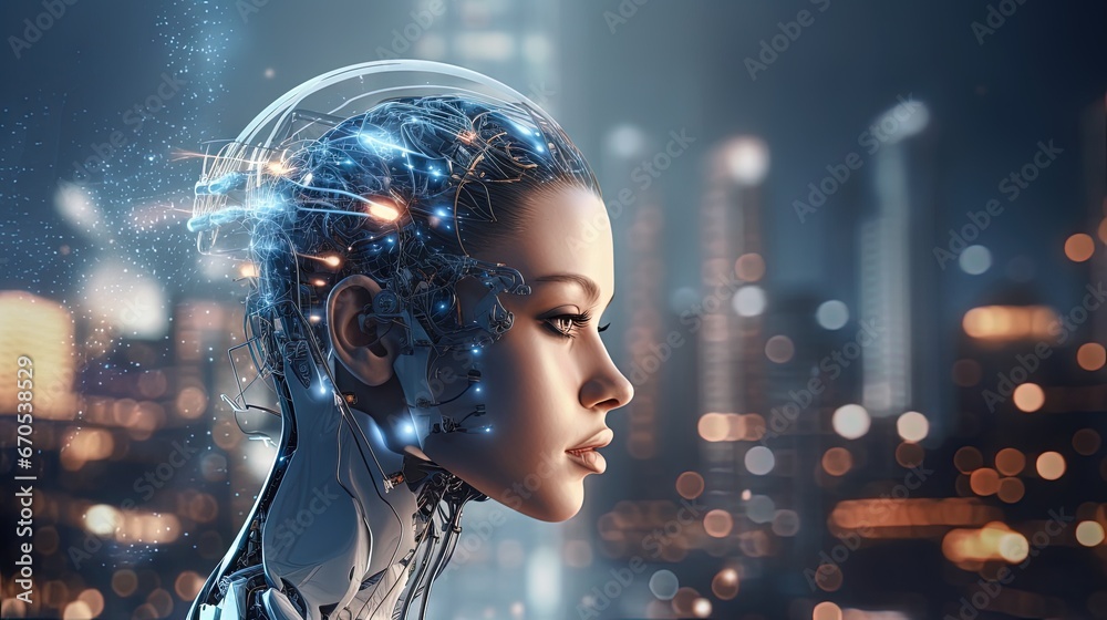 Fototapete Cyborg head using artificial intelligence to create digital interface on city bokeh background 3D rendering