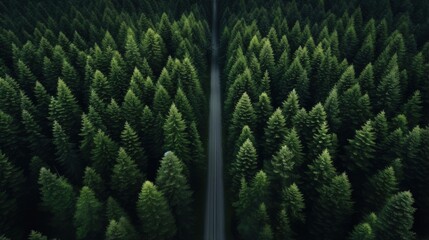 Top view of dark green forest landscape wallpaper art. Aerial nature scene of pine trees and asphalt road banner design. Countryside path trough coniferous wood form above. Adventure travel background - obrazy, fototapety, plakaty