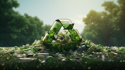Recycle reuse symbol plastic bottle food plastic packaging glass bottle paper electronic waste aluminum crushed can recycling process zero waste reduce ecology environment concept. 3d rendering. - obrazy, fototapety, plakaty