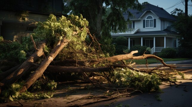 Dangerous fallen tree branch in residential neighborhood. Causes can include a storm, hot dry environment, or that the branch extends further than the trunk can support and should have been trimmed