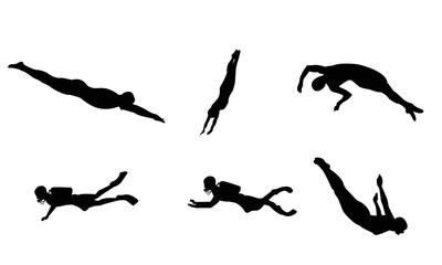 diving men silhouettes set