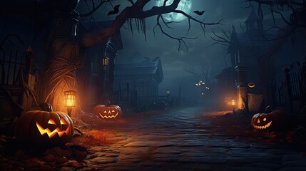 Digital art of Halloween spooky background, scary lantern pumpkin face. Scary creepy house in october dark night autumn gloomy creepy town with fog. Halloween outdoor backdrop concept. Illustration 3D - obrazy, fototapety, plakaty
