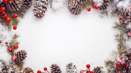 Christmas decoration. Frame of twigs christmas tree, brown natural pine cones and red berries on snow with space for text. Top view, flat lay - obrazy, fototapety, plakaty