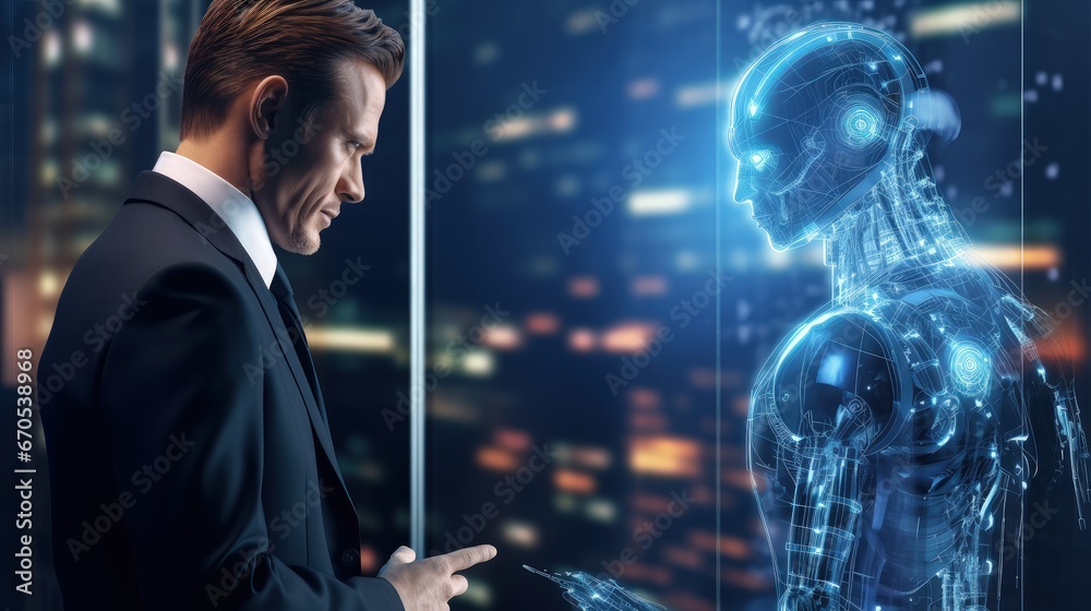 Leinwandbilder artificial intelligence Businessman using AI smart robot technology inputting commands to analyze data and build something. future technology changes. Chatbot chat AI concept