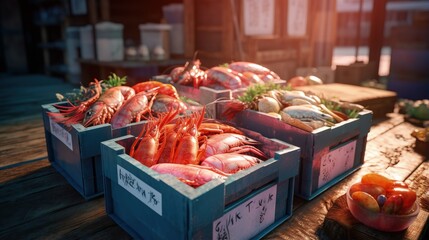 Boxes with fresh seafood in outdoor market