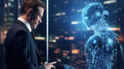 artificial intelligence Businessman using AI smart robot technology inputting commands to analyze data and build something. future technology changes. Chatbot chat AI concept