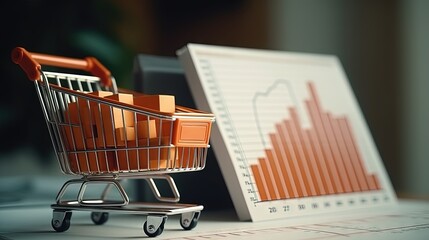 Shopping cart logo on box on chart graph paper. Banking Account, Investment Analytic research data economy, trading, Business import export online company concept.
