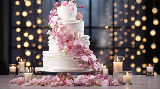 White wedding cake decorated by flowers standing on festive table with lots of snacks on side. Wedding Recetion