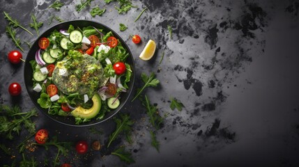 Green vegan salad from green leaves mix and vegetables. Top view on gray stone table.