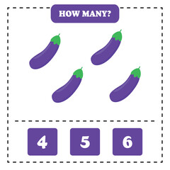 How many eggplant are there? Educational worksheet design for children. Counting game for kids.