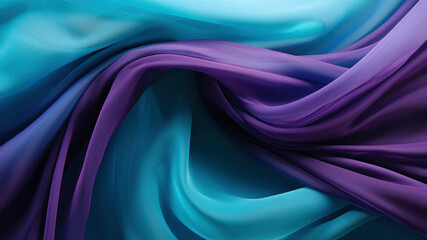 Soft, thin silk, fabric, satin in form like waves and curves in turquoise and purple as background, texture