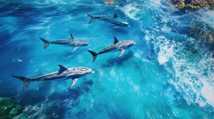 Aerial view of dolphins swimming through tropical blue water