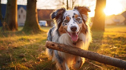 Australian shepherd dog carrying and chewing stick in mouth across front yard of doggy daycare enrichment training boarding facility - obrazy, fototapety, plakaty