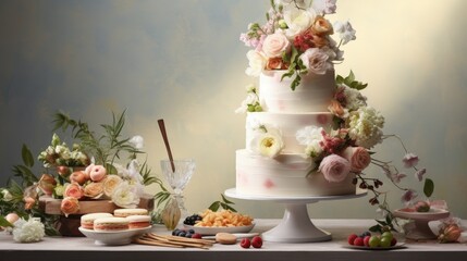 White wedding cake decorated by flowers standing on festive table with lots of snacks on side. Wedding Recetion
