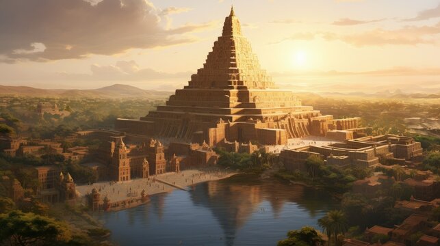 Ancient city of Babylon with the tower of Babel, bible and religion, new testament, speech in different languages,Illustration