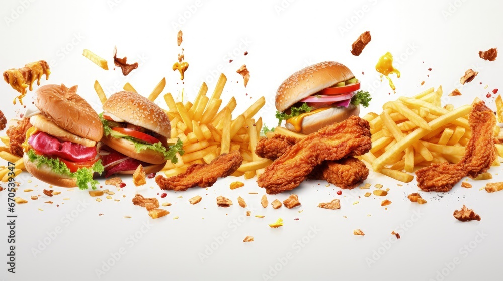 Sticker flying fast food dishes isolated on white abstract background. floating burger, steak, french fries,