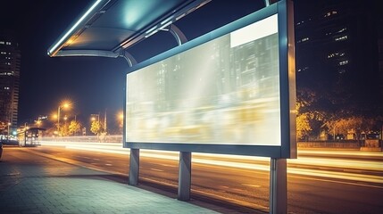 Illuminated blank billboard with copy space for your text message or content, advertising mock up banner of bus station, public information board with blurred vehicles in high speed in night city
