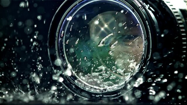 Camera lens in the rain. Filmed on a high-speed camera at 1000 fps. High quality FullHD footage