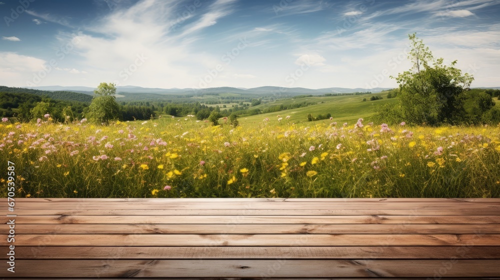 Poster Background with empty wooden table over beautiful meadow