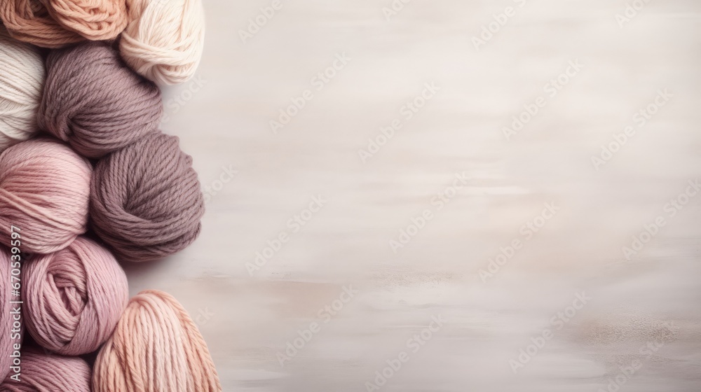 Aufkleber craft knitting hobby background with yarn in natural colors. recomforting hobby to reduce stress for