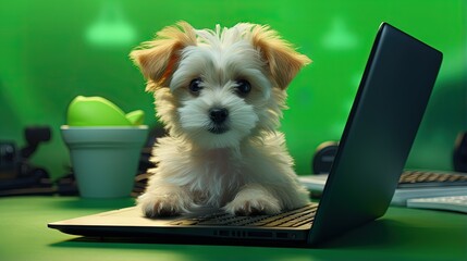 portrait of cute dog puppy sitting next to a laptop with green screen, online shopping,