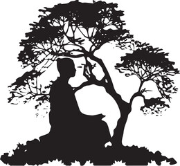 A nun is meditating under a tree silhouette vector illustration