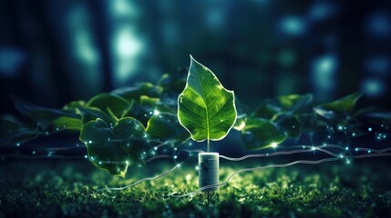 green energy in electric plug and leaf shape Ecosystem concept and sustainable way of life of the environment. with the abbreviation ESG - obrazy, fototapety, plakaty