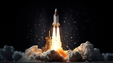 Launching rocket model taking off against black background. Concept of project launching in business. 3d rendering, mock up - obrazy, fototapety, plakaty