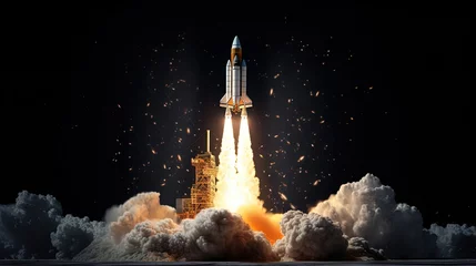 Fotobehang Launching rocket model taking off against black background. Concept of project launching in business. 3d rendering, mock up © HN Works