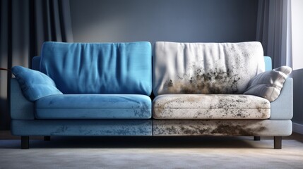 Dirty and clean sofa before and after dry cleaning in room. Blue soft sofa dirt stains. Sofa straight view, dirty half and clean half. Concept for a cleaner, cleaning company, 3d illustration - obrazy, fototapety, plakaty