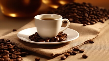 Fototapeta premium Beige cup of coffee, coffee beans around, beige background