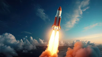 Foto op Canvas Spaceship rocket lunch 3d rendered illustration. Business startup and new project start concept. Rocket flying in space. 3D Illustration © HN Works