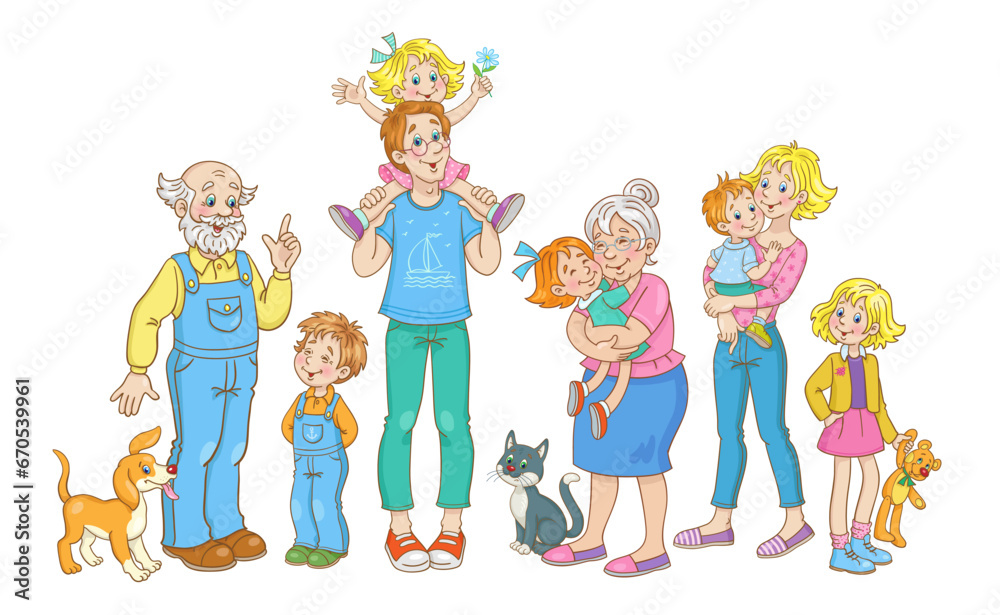 Sticker Big friendly family. Mother, father, grandmother grandfather, five children of different ages, favorite dog and cat. In cartoon style. Isolated on white background. Vector illustration