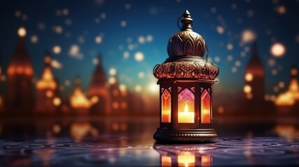 Ornamental Arabic lantern with burning candle glowing . Festive greeting card, invitation for Muslim holy month Ramadan Kareem. Ramadan Kareem greeting photo with serene mosque background. - obrazy, fototapety, plakaty