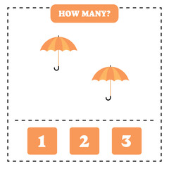 How many umbrella are there? Educational worksheet design for children. Counting game for kids.