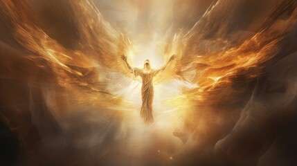 Heavenly angel figure made of light in clouds with golden rays, abstract digital painting illustration
