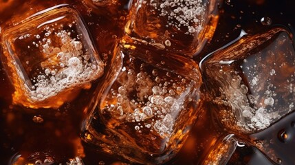 macro cola,Detail of Cold Bubbly Carbonated Soft Drink with Ice,Close up view of the ice cubes in dark cola background. Texture of cooling sweet summer's drink with foam and macro bubbles on the glass