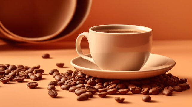 Beige cup of coffee, coffee beans around, beige background