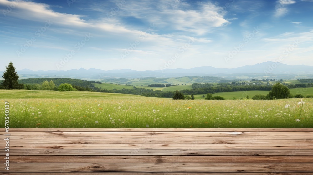 Aufkleber background with empty wooden table over beautiful meadow